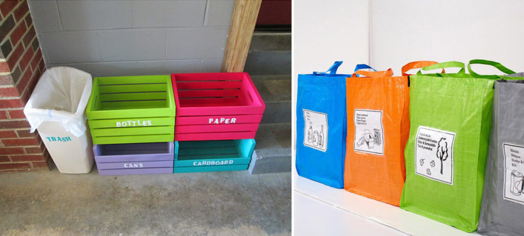 Homemade bins from wooden crates and bags for life